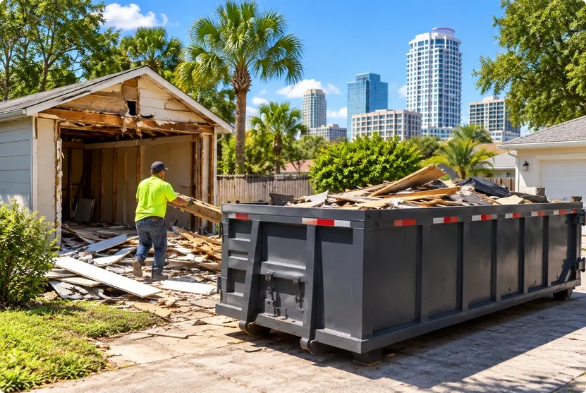 Worker loading demolition debris from a detached garage into a dumpster in Orlando